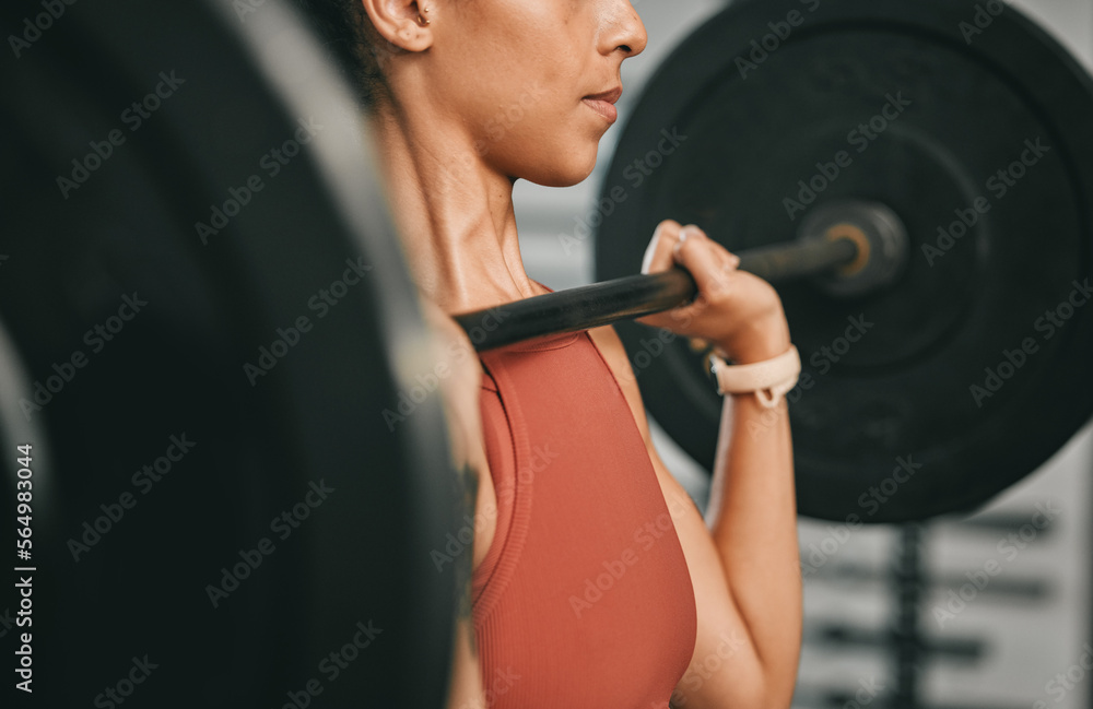 Gym fitness, barbell workout and black woman doing muscle performance exercise, strength training or