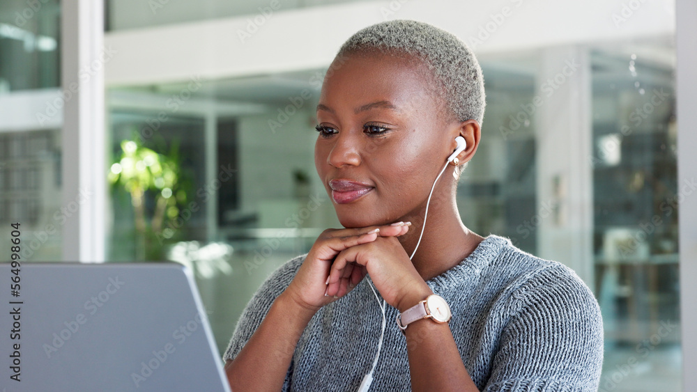 Office, video call and business woman in virtual conference meeting with feedback on ppt proposal at