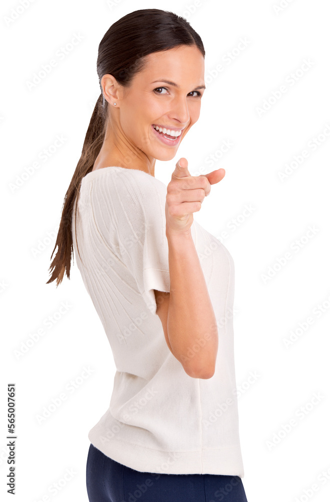 An attractive woman standing and pointing at the camera isolated on a PNG background.