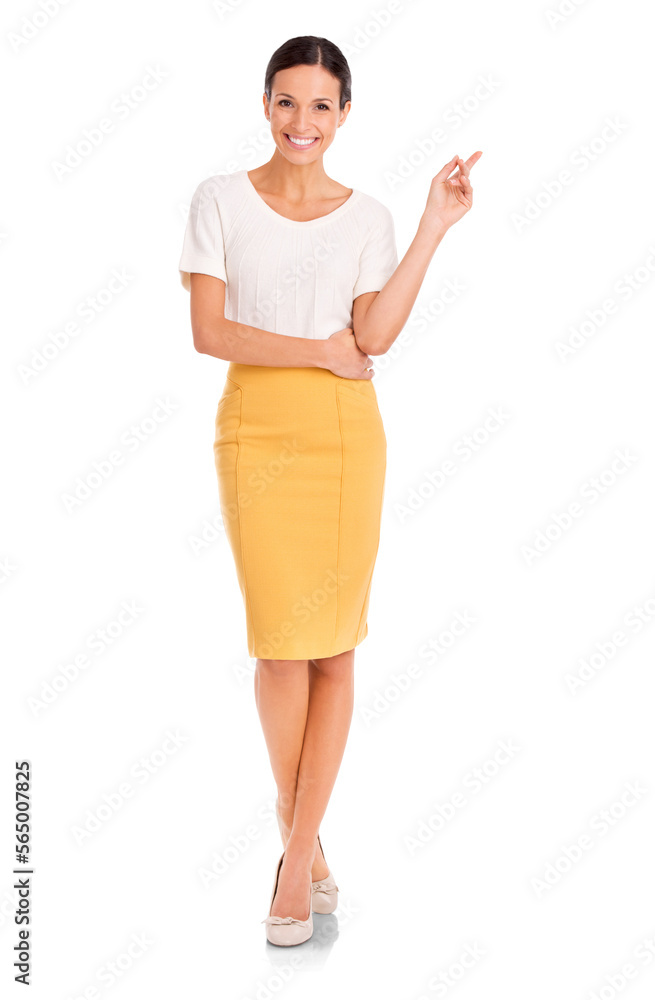 A casually dressed beautiful young woman pointing towards the copyspace isolated on a PNG background