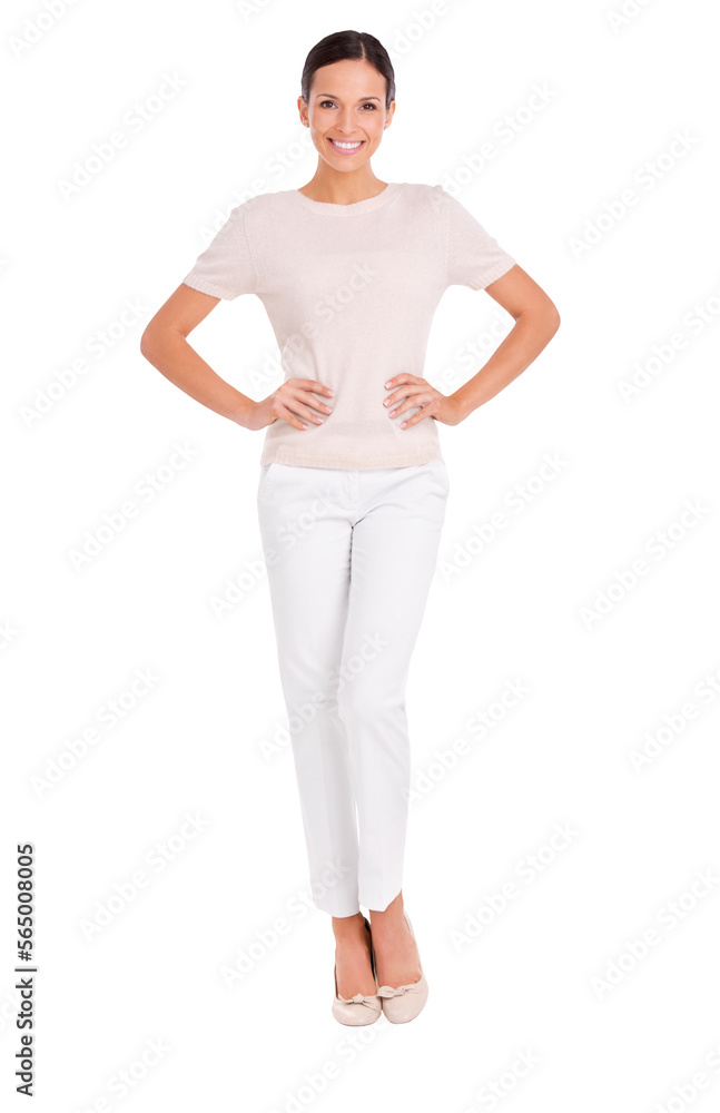 A casually dressed beautiful young woman standing with her both hands on her hips isolated on a PNG 