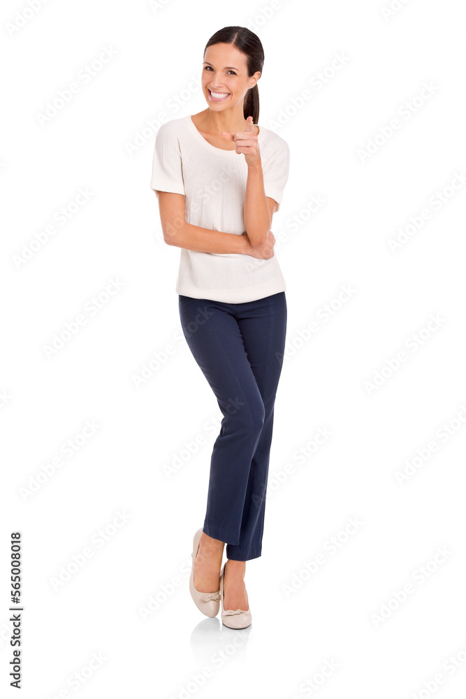 An attractive young woman smiling and pointing her finger at the camera isolated on a PNG background