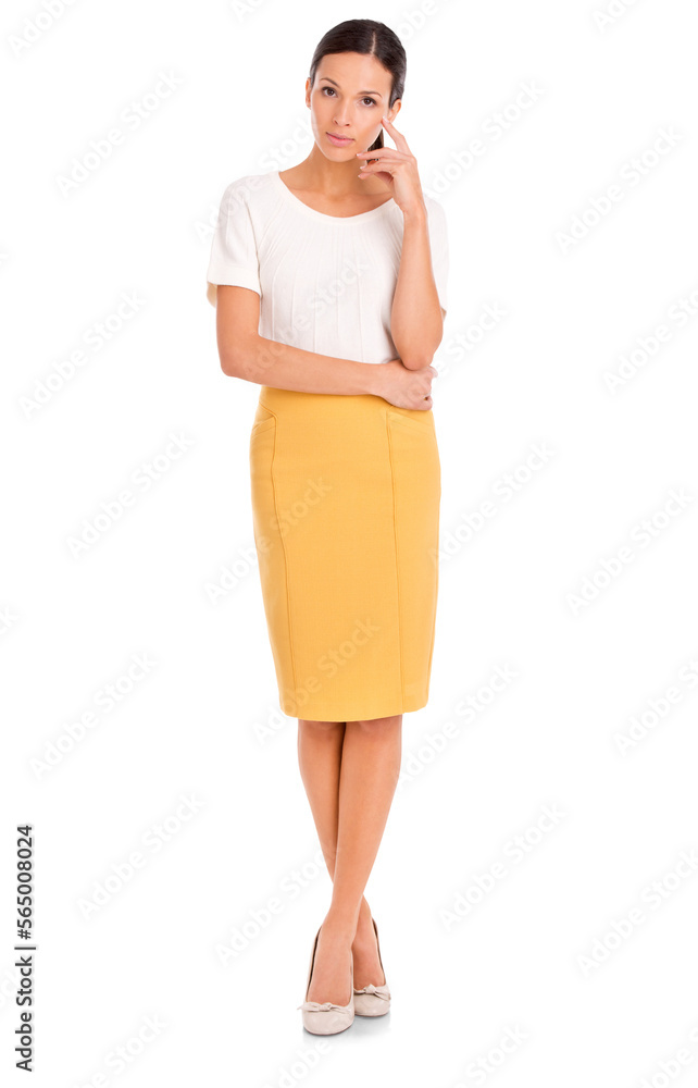 A casually dressed young woman posing with her one arm crossed isolated on a PNG background.