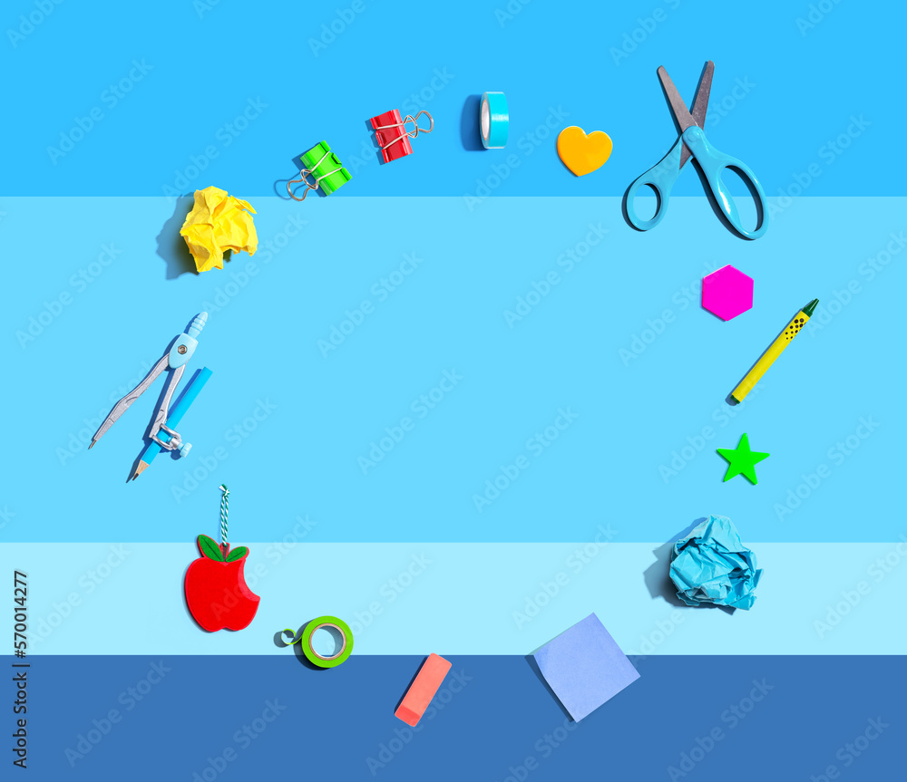 Collection of school supplies overhead view - flat lay