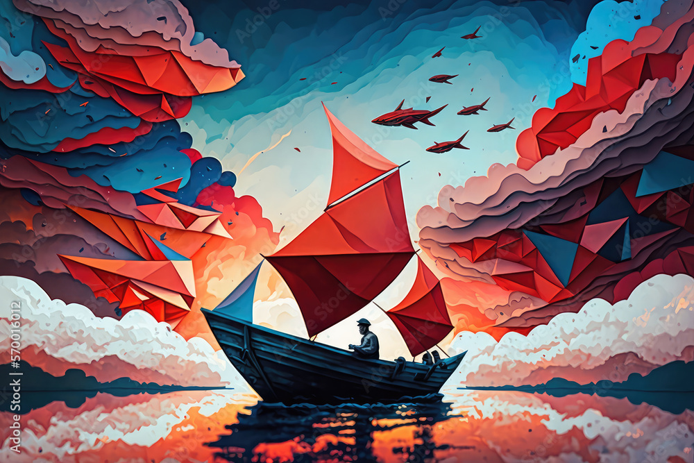 illustration painting mixed paper cut of men on red paper boats floating in the ocean on cloudy sky.