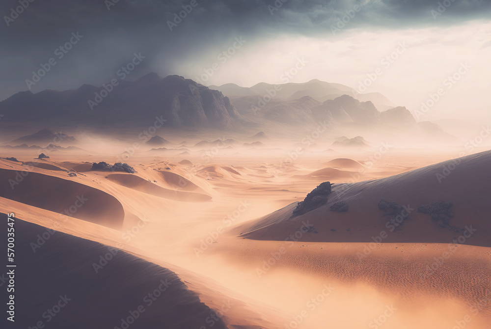 Desert sand landscape. Atmospheric scenic imaginary view. Clouds and sandstorm. Generative AI