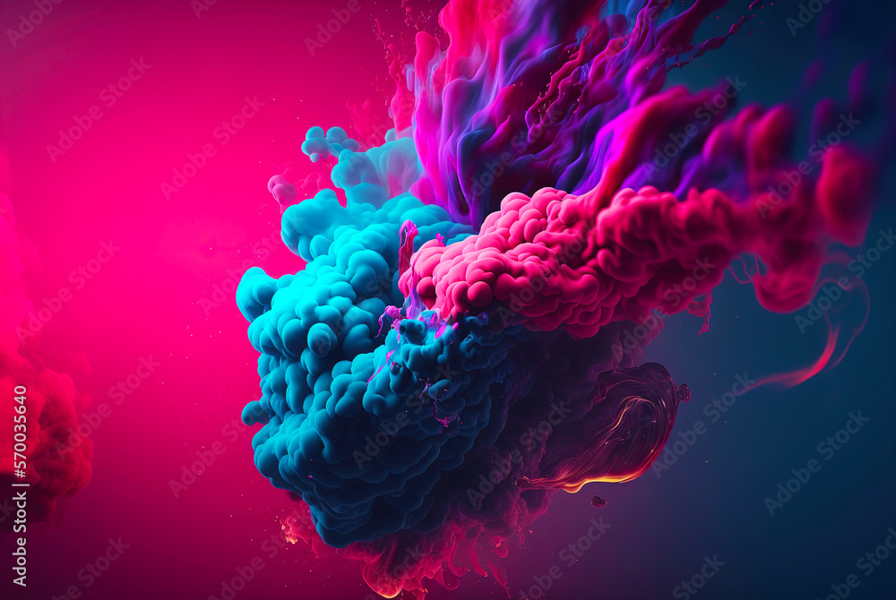 Abstract fluid color background. Layered paint swirls and twists. Blue and viva magenta wallpaper. G