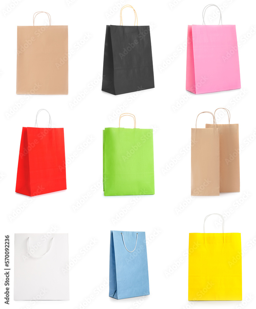 Group of paper shopping bags on white background