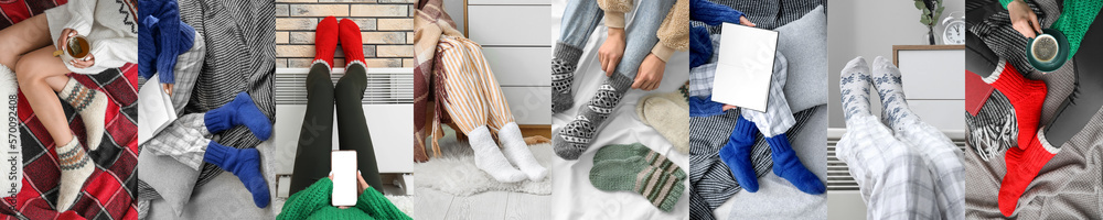 Collage of woman in warm knitted socks resting at home. Winter season