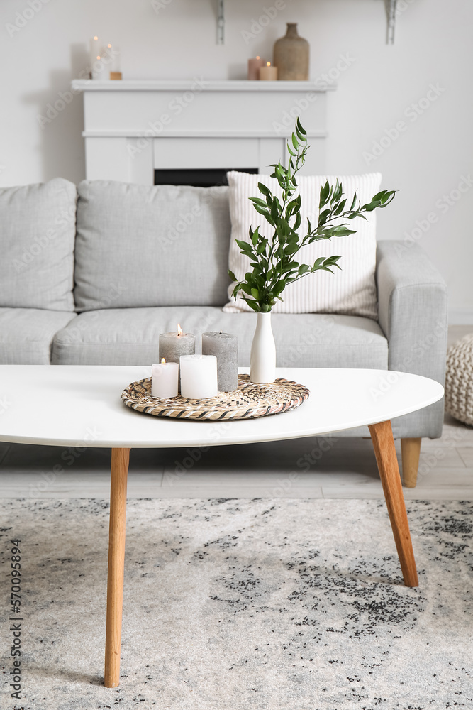 Burning candles and vase with plant branches on table in living room