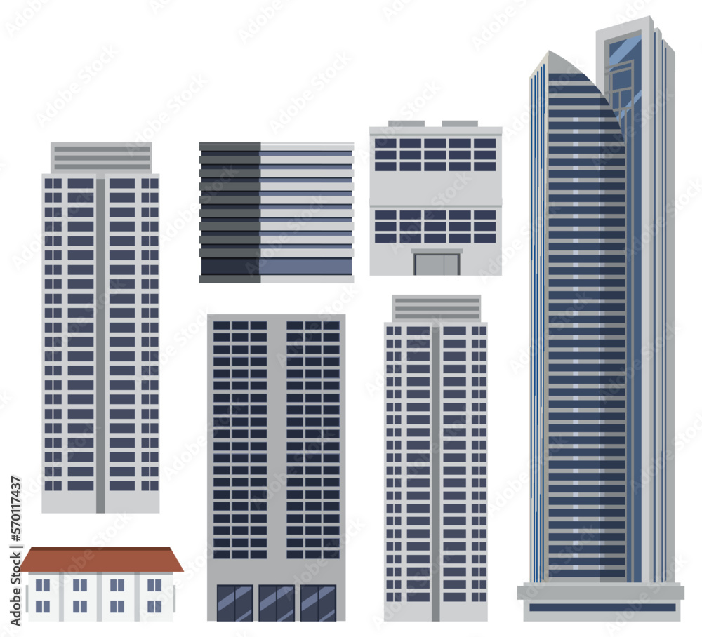 Different buildings set on white background