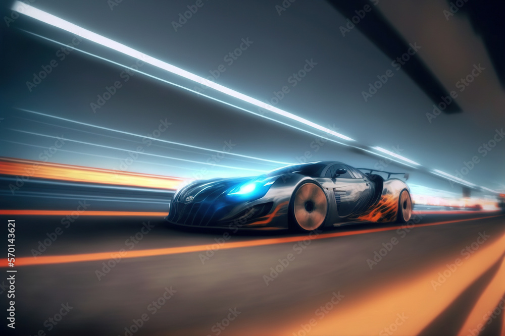 Speeding fast sports car drives on highway road with motion blur effects creating light trailing env