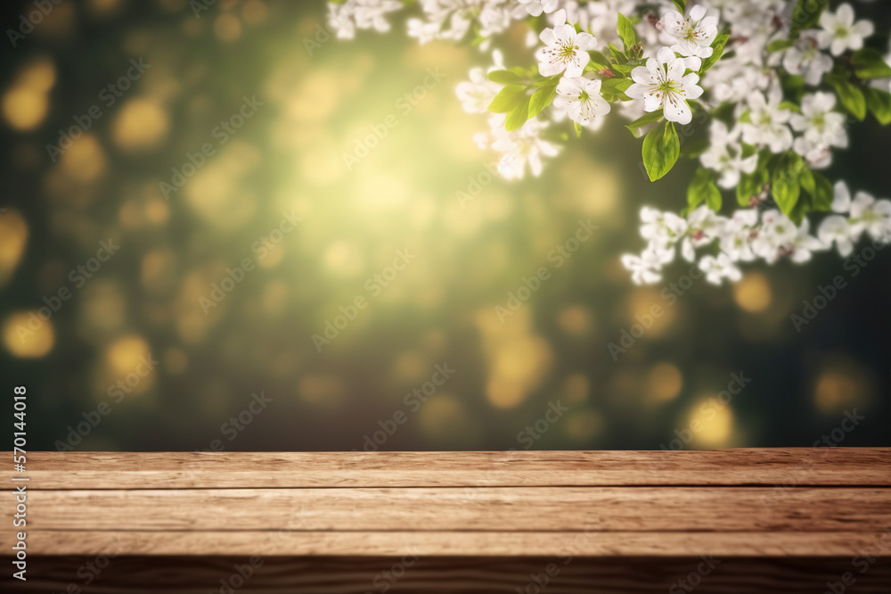 Empty table for product display with flower spring blur background . Sublime Generative AI image .