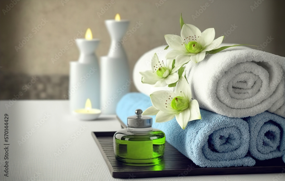 AI Generative image, spa accessory composition set in spa hotel , beauty wellness center . Spa produ