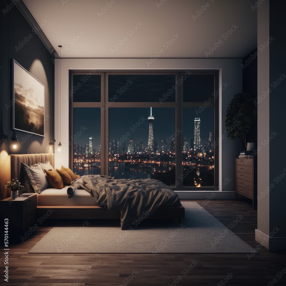 Interior of luxury penthouse bedroom at night. Peculiar AI generative image.