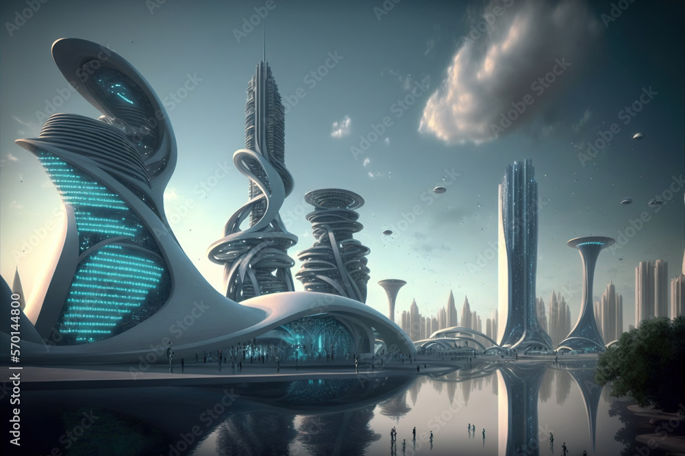 Skyline of futuristic city with fictional architecture in panoramic view . Megalopolis landscape wit