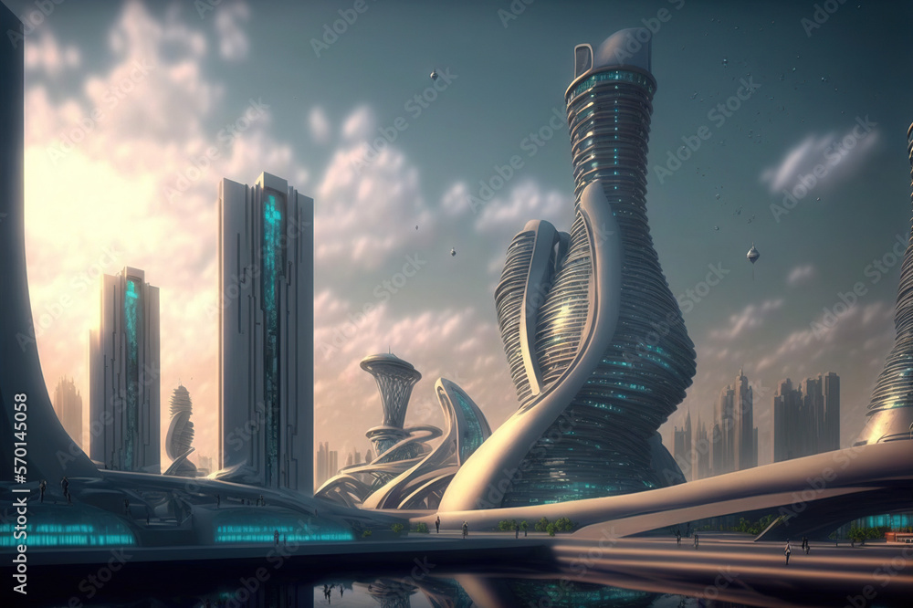 Skyline of futuristic city with fictional architecture in panoramic view . Megalopolis landscape wit