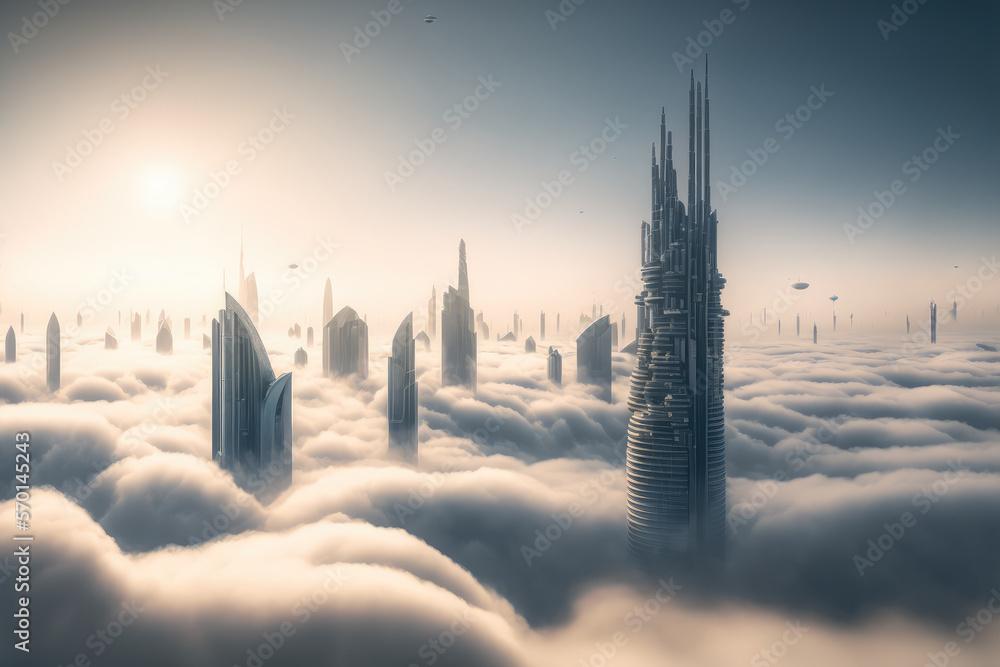 Top of skyscrapers building high above the clouds in the morning sunrise . Futuristic architecture o