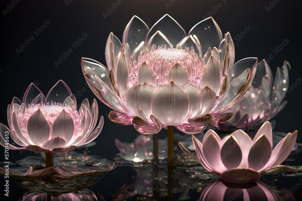 Dreamlike image of light glowing lotus flower or water lily with transparent pink illumination under