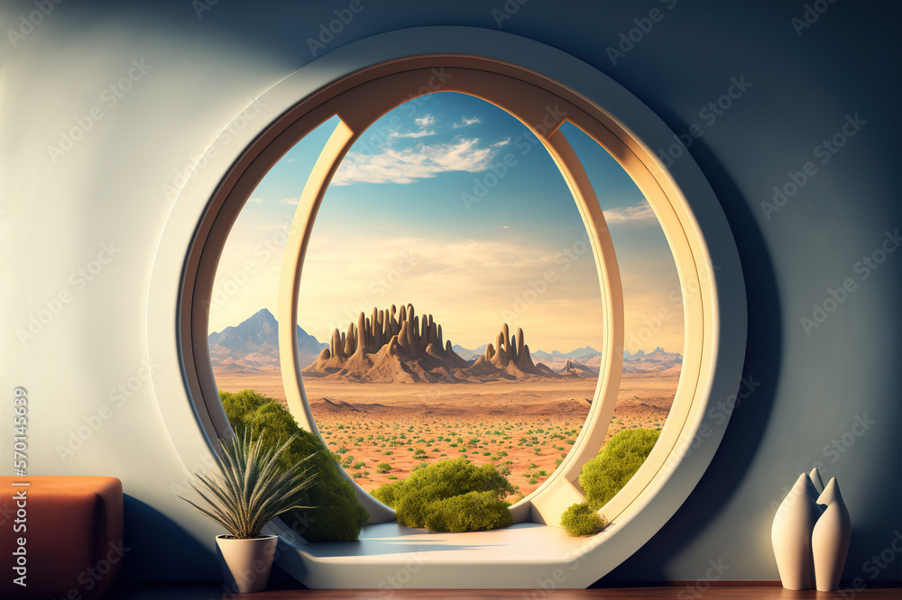 A room with round glass window overlooking beautiful landscape background . Hotel futuristic showroo