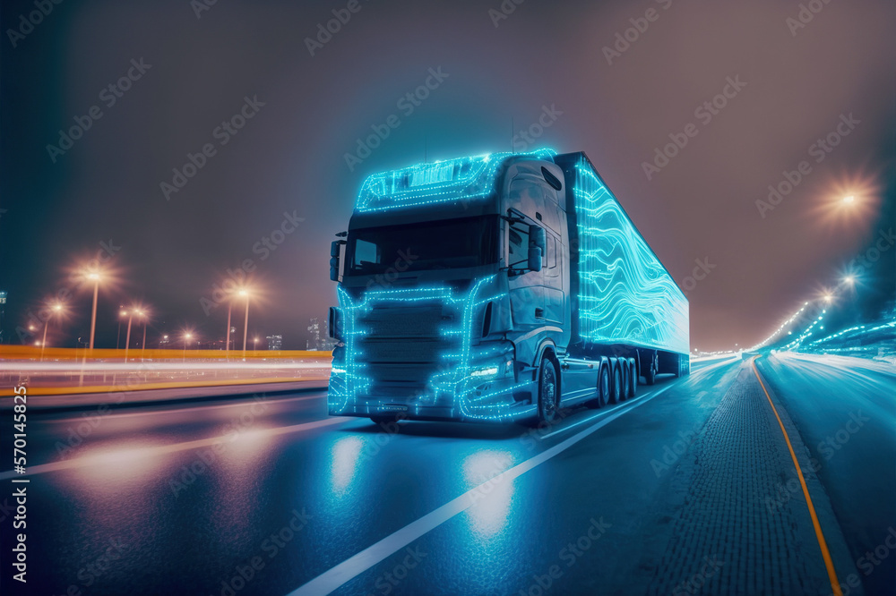 Self driving futuristic freight truck deliver goods to warehouse on city highway road with advanced 