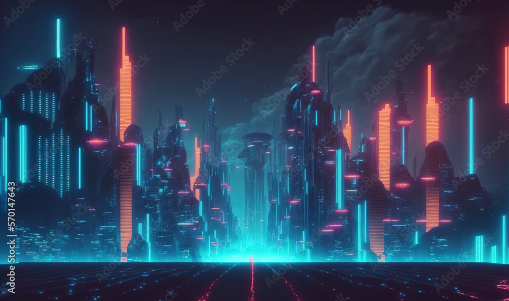 Futuristic city scene with neon light illuminated the dark fictional city street . Sublime Generativ