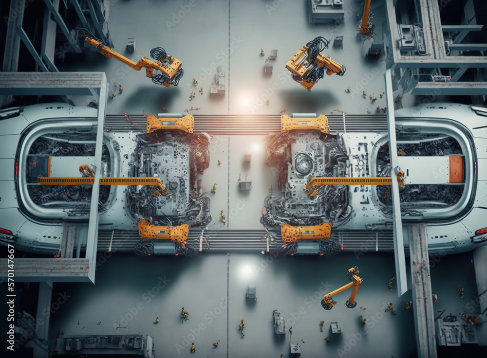 Top View Car Factory with Automated Robot Arm Assembly Line Manufacturing . Sublime Generative AI im