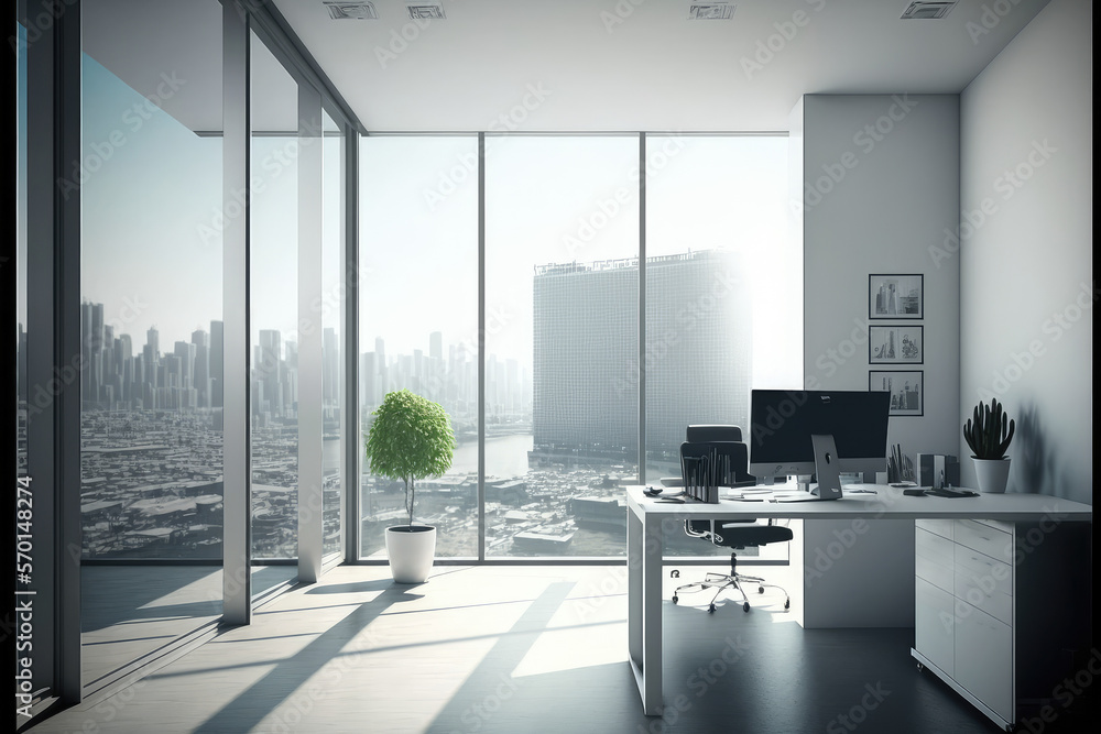 Empty modern office background in city center . Workspace interior design . Clean and bright office 