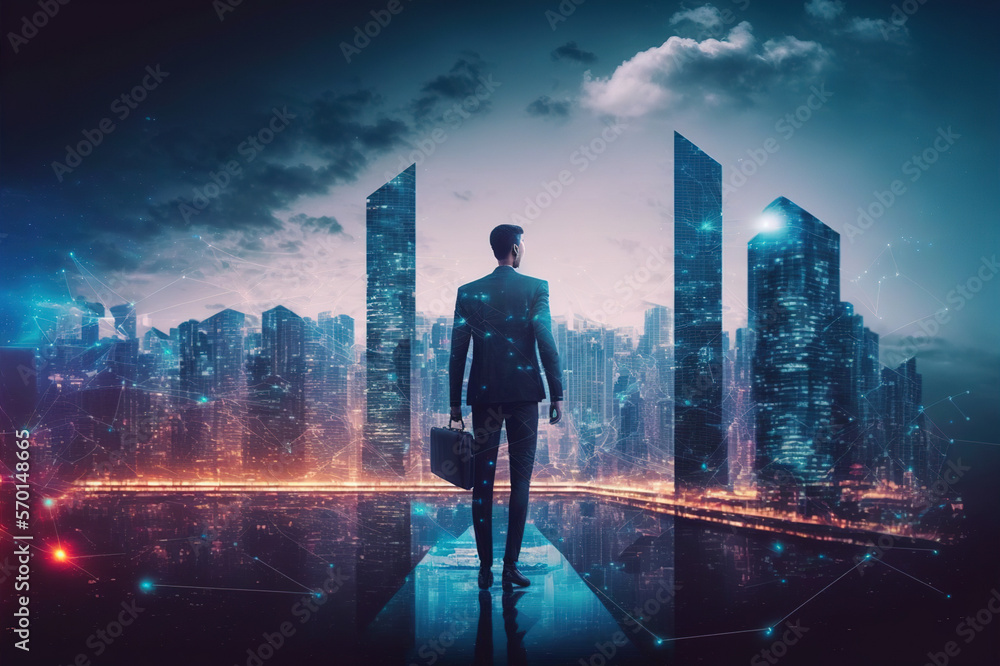 Businessman walking on virtual reality platform to futuristic smart city of opportunity with interne