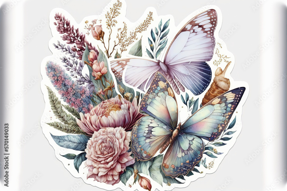 Butterflies art hand drawn painting style on white background . Sublime Generative AI image .