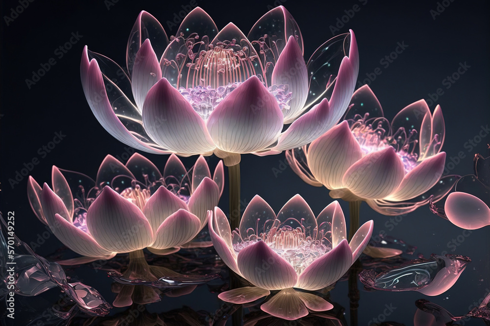 Dreamlike image of light glowing lotus flower or water lily with transparent pink illumination under