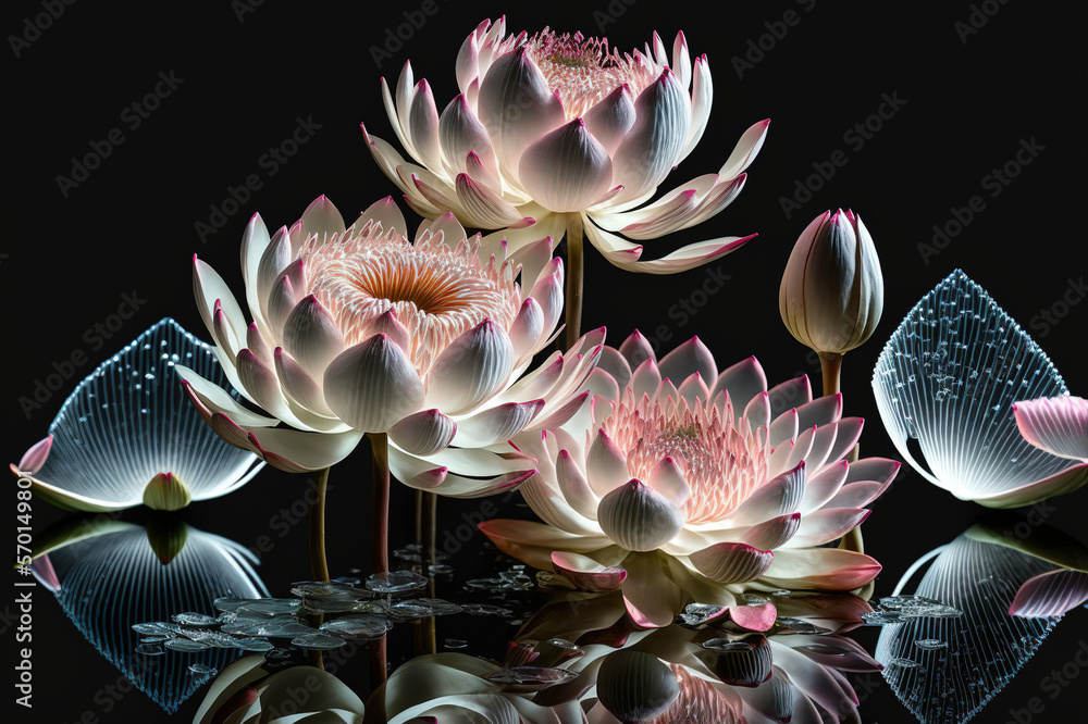 Dreamlike image of light glowing lotus flower or water lily with transparent pink illumination under