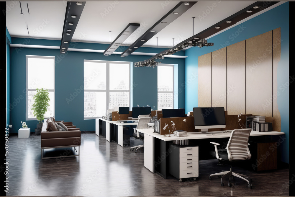 Modern office interior design . Contemporary workspace for creative business. Peculiar AI generative