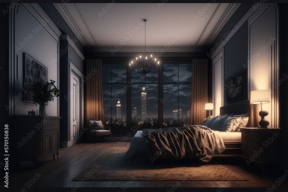 Interior of luxury penthouse bedroom at night. Peculiar AI generative image.