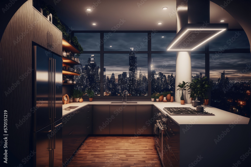 Luxury apartment kitchen at night . Luxury interior decoration design. Peculiar AI generative image.