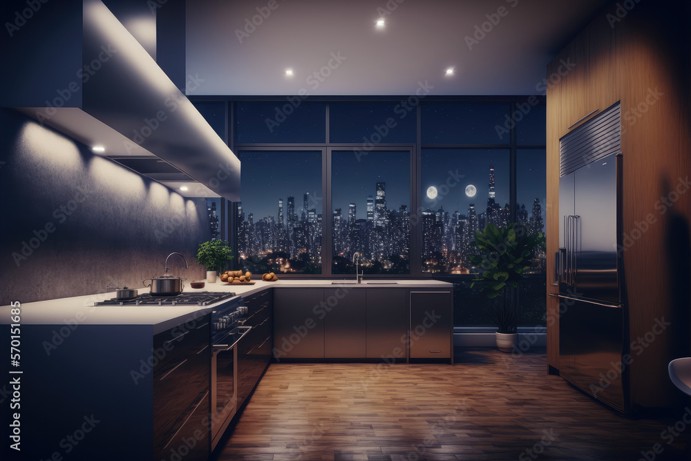 Luxury apartment kitchen at night . Luxury interior decoration design. Peculiar AI generative image.