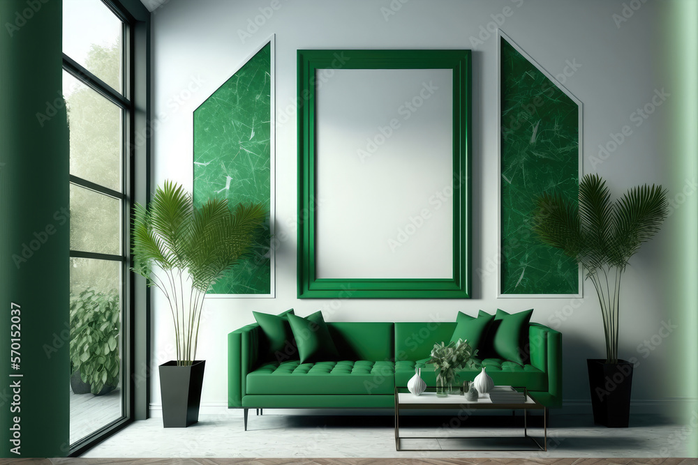 Green modern interior living room design with empty picture frame template for your desired content.