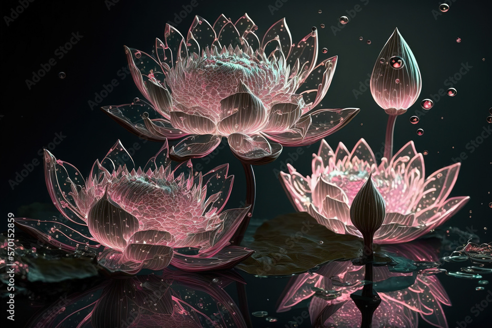 Dreamlike image of light glowing lotus flower or water lily with transparent pink illumination under