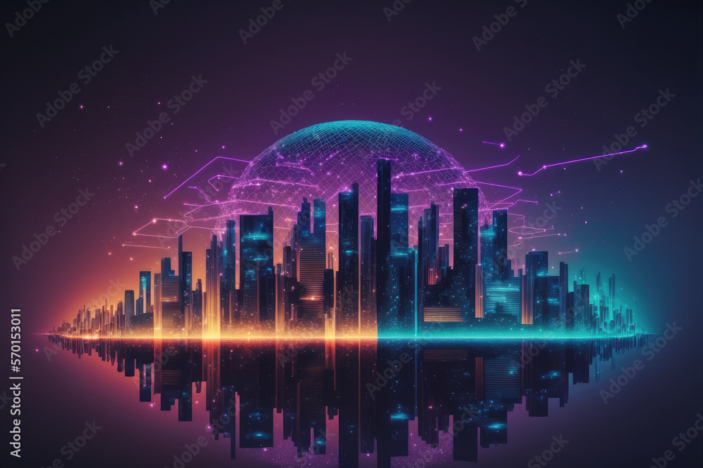 Futuristic smart city internet network connection through wireless system. Peculiar AI generative im