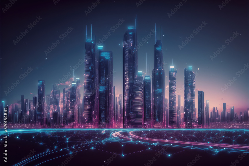 Smart city with communication network graphic connecting the city with wireless internet technology.