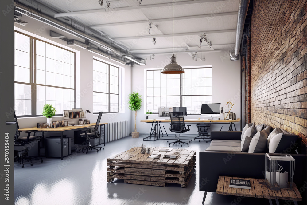 Luxury workspace office decorated with industrial loft modern interior design. Peculiar AI generativ