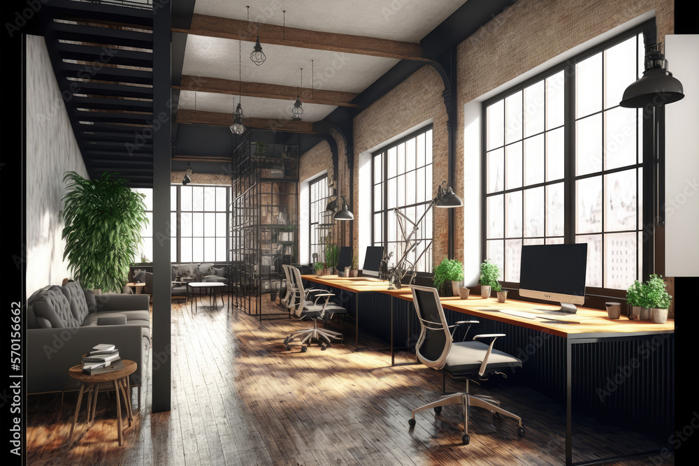 Luxury workspace office decorated with industrial loft modern interior design. Peculiar AI generativ