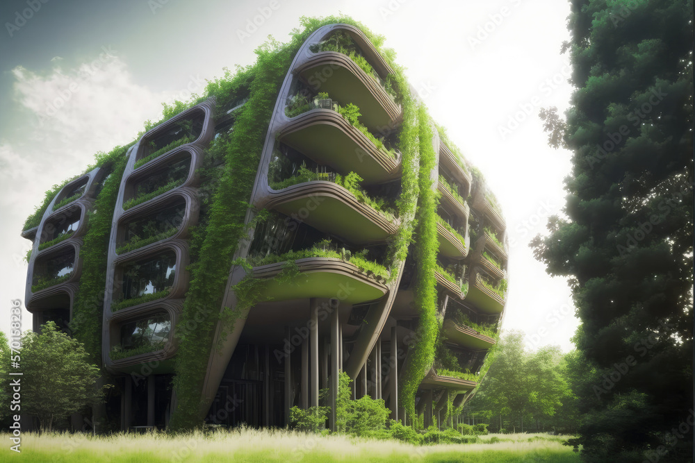 Eco friendly green building with vertical garden in modern city for sustainable clean environment. P