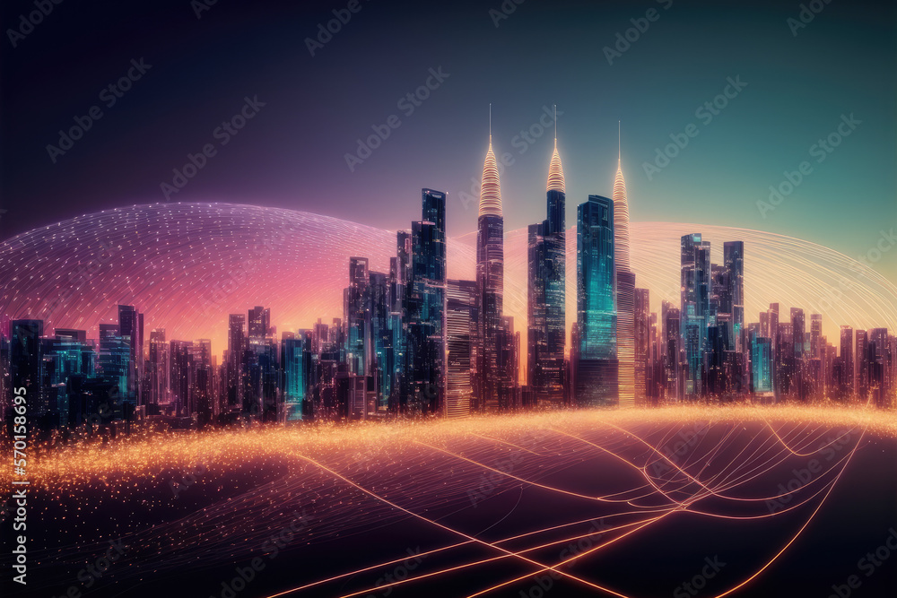 Smart city with communication network graphic connecting the city with wireless internet technology.