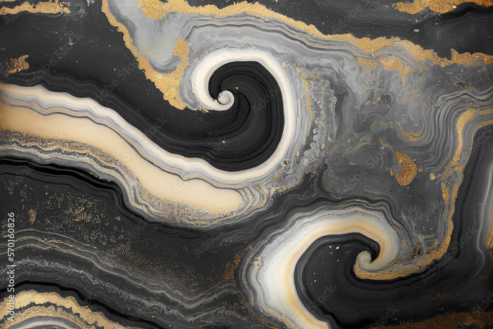 Abstract art background with a fluid marble black and gold texture. Splendid generative AI luxury ab