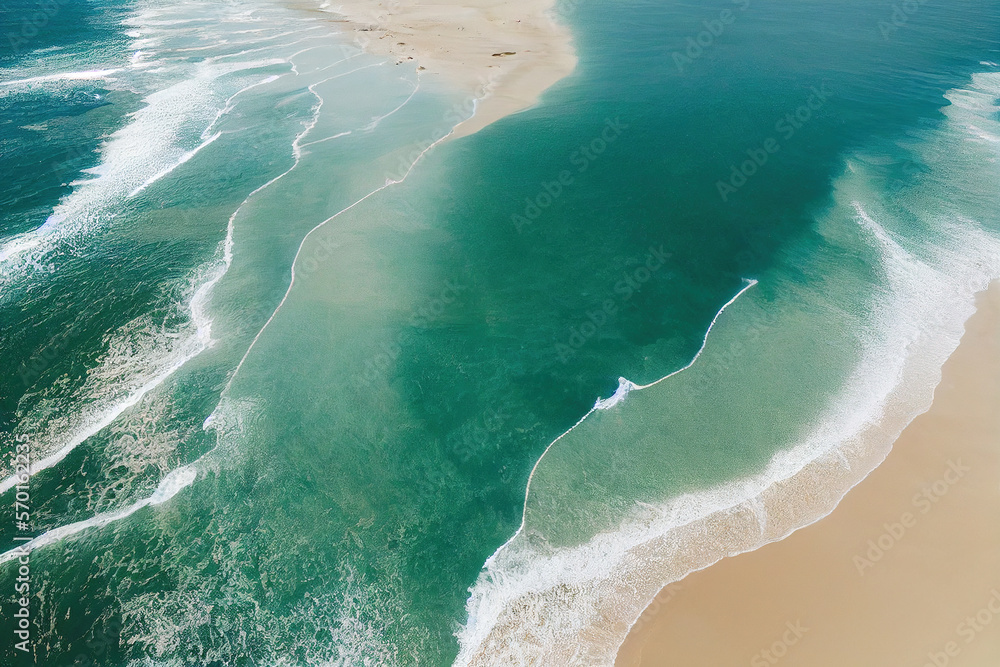 Spectacular top view from drone photo of beautiful beach with relaxing sunlight, sea water waves pou