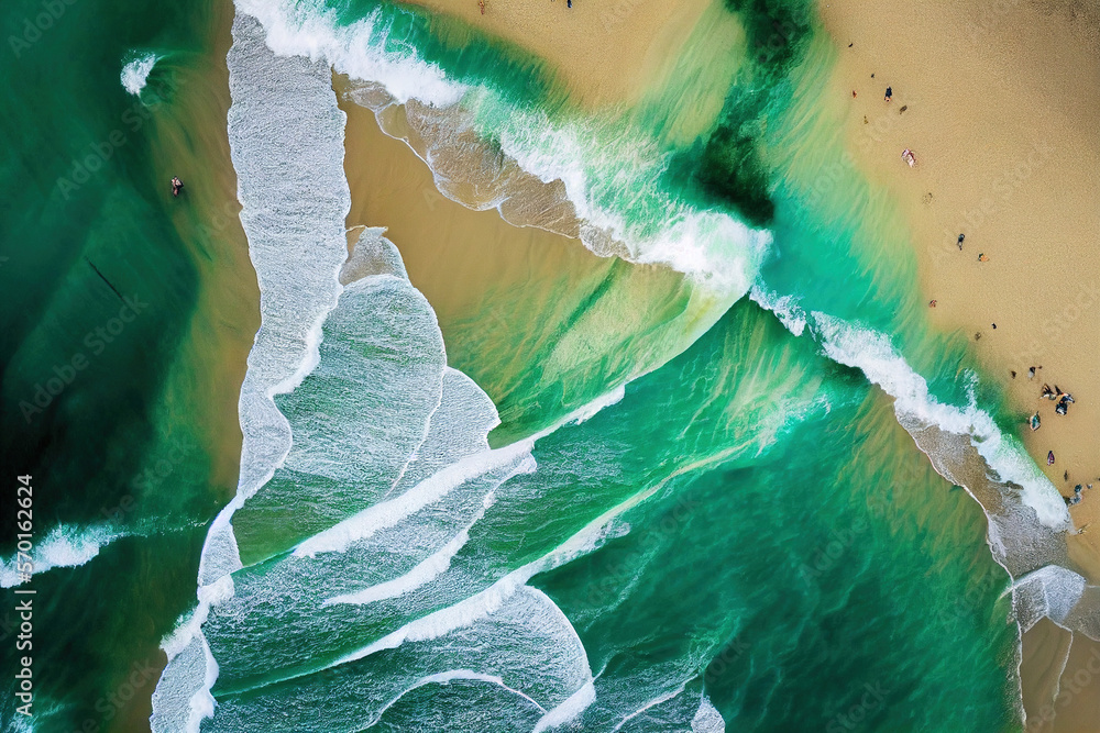 Spectacular top view from drone photo of beautiful beach with relaxing sunlight, sea water waves pou