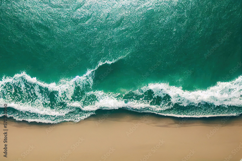 Spectacular top view from drone photo of beautiful beach with relaxing sunlight, sea water waves pou