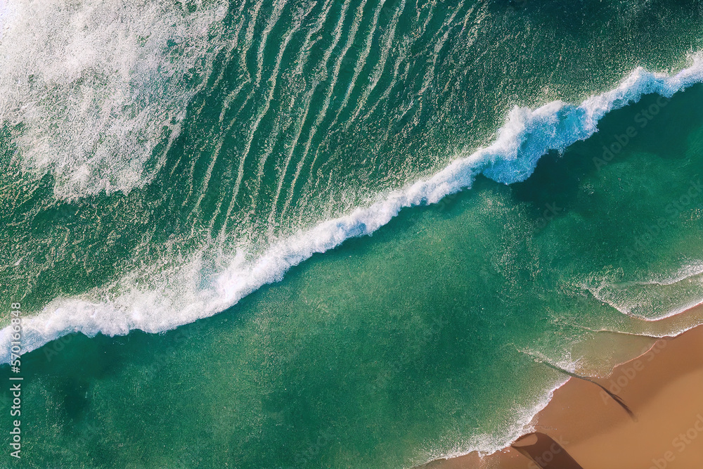 Spectacular top view from drone photo of beautiful beach with relaxing sunlight, sea water waves pou