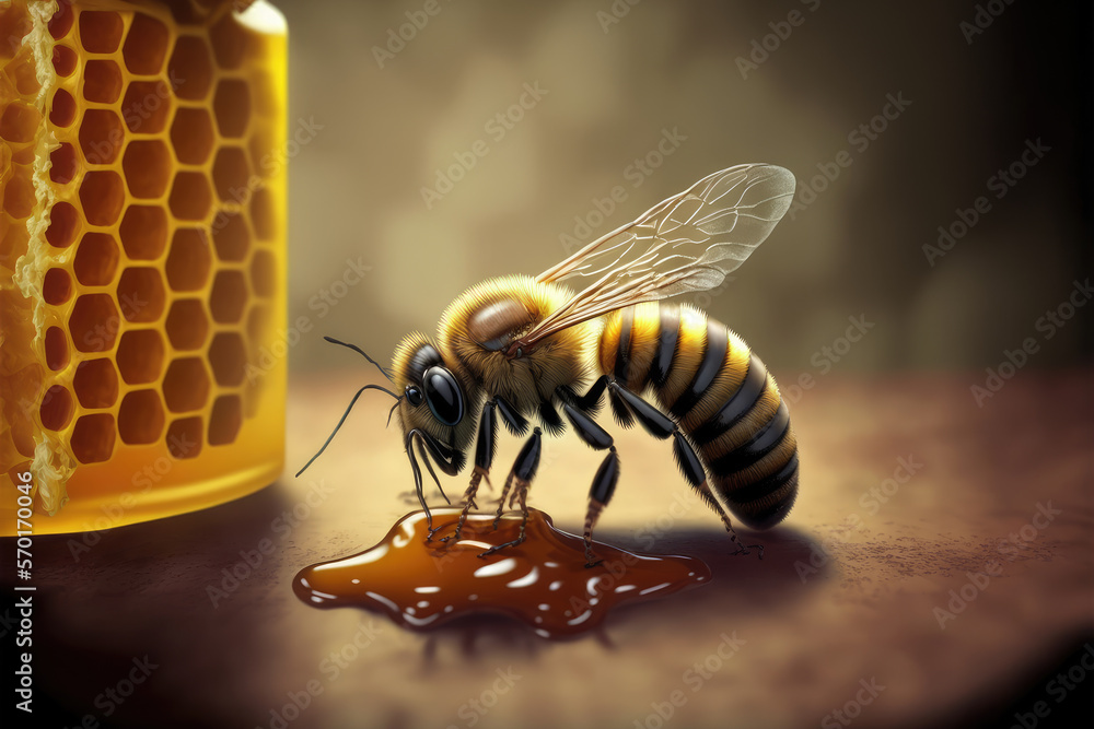 Bee and honey from close up view of nature insect. Peculiar AI generative image.